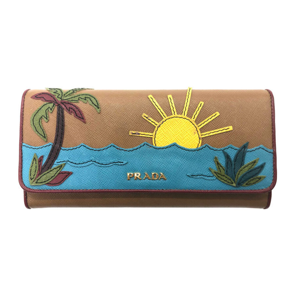 Prada Bi fold Long Wallet Leather Brown Multicolor
